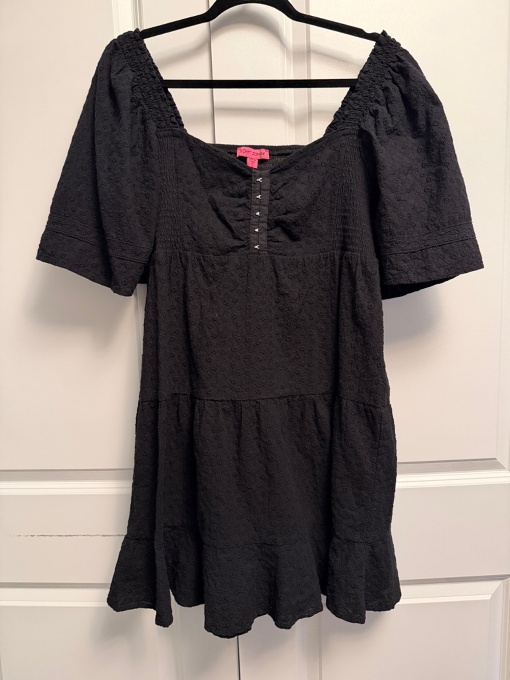 Betsey Johnson Black Eyelet Mini Dress | Fairycore Soft Goth Milkmaid | Size XL